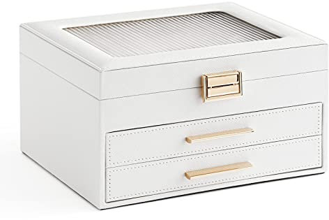 Meerveil Schmuckkasten, Kleine 3-Stöckige Schmuckschatulle, Halskettenplatte, Oberes Schaufenster, Mehrere Aufbewahrungsfächer, Armband-Organizer, PU-Leder Weiß
