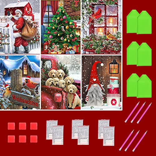 UNIQUORS 5D Diamant Painting Set, 6 Pack DIY Diamond Painting Kinder Weihnachten Wichtel Hund, Diamant Malerei Weihnachtsmann, Kristall Strass Stickerei Vogel Erwachsene für Home Wall Décor (30×40cm)