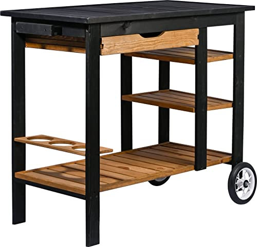 dobar® Grillwagen Outdoor mit Schublade und Ablageboden - BBQ-Trolley auf Rollen mit Griff und Flaschenhalterung - Grilltisch für Terrasse und Garten - Schwarz-Braun