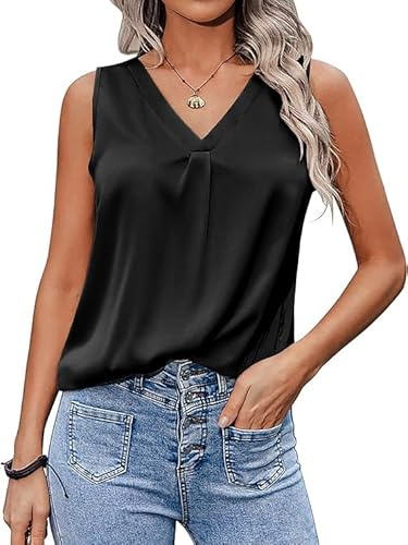 Zeagoo Tank Top Damen Sommer Ärmellose Satinbluse Elegant V-Ausschnitt Oberteile Lässige Vest Tops Casual Weste Shirt Basic Blusentops Schwarz S