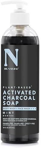 Dr. Natural Aktivkohle-Flüssigseife – Bekämpfung von Akne und Hautunreinheiten – Tiefenreinigendes Duschgel – sanfte Körperseife für klare Haut – Minze – 473 ml