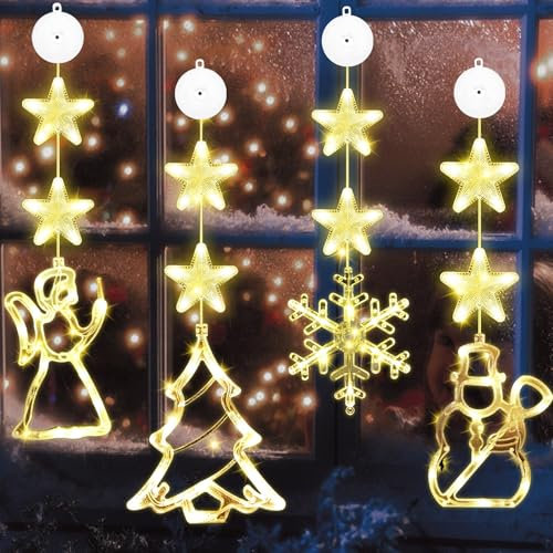 VEEKAY 4er Set LED Weihnachtsbeleuchtung, 8 x Warmweiß Lichter +4 x Weihnachtselemente, Lichtervorhang mit Saugnäpfe, Timer, Batteriebetrieben, für Weihnachtsdeko