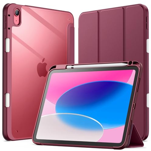 JETech Hülle für iPad (A16) 11./10. Gen, Burgunderrot | Für 2025/2022 Modell, Transparente Rückseite, Stifthalter, Schlanker Stoßschutz, Dreifach-Ständer