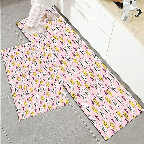 Küchenläufer Küchenmatte 2 Stück 45x70cm+45x120cm,Anime, lustige Muster mit japanischen Reisbällchen Kirschen und Sterne,Rutschfest Pflegeleicht, Anti-Müdigkeit Küchenteppich Teppich Läufer für Küche