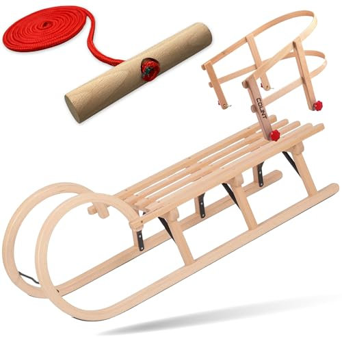 Explorer Colint Holzschlitten mit Rückenlehne für Kinder ab 1 Jahr und Erwachsene Set Schlitten Holz Hörnerschlitten mit Leine und Vollholz Rückenlehne in Rot 110cm Alpina Fun