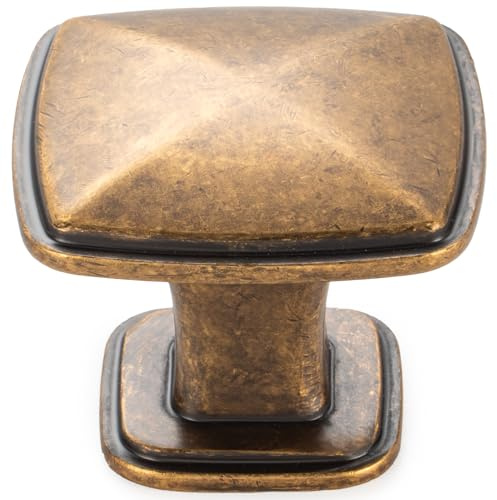 KOOFIZO Stepped Square Cabinet Knob - Antique Brass Pull Handle (31mm / 1.2 Inch), 10-Pack for Kitchen Cupboard Door, Bedroom Dresser Drawer, Bathroom Wardrobe Hardware