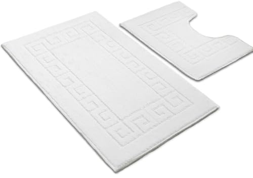 Ambience Products Greek Key Pattern Bath Mats 2 Piece Sets Non Slip Bathroom Mat, Soft Washable Rug Quick Dry Water Absorbent Bathroom Shower Mat & Pedestal Set (White)