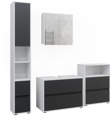 Vicco Badmöbel-Set Weiß/Anthrazit Maltin, bestehend aus Badspiegelschrank, Waschbeckenunterschrank, Midischrank, Hochschrank - Viel Stauraum Oben und unten