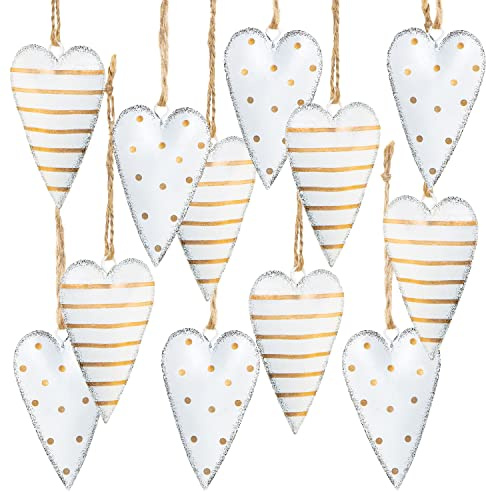 12 Herzanhänger weiß, Gold 7 cm Metall – Geschenkidee Jubiläum | Hochzeit Tischdeko Liebe Zauberhafter Look Verlobung