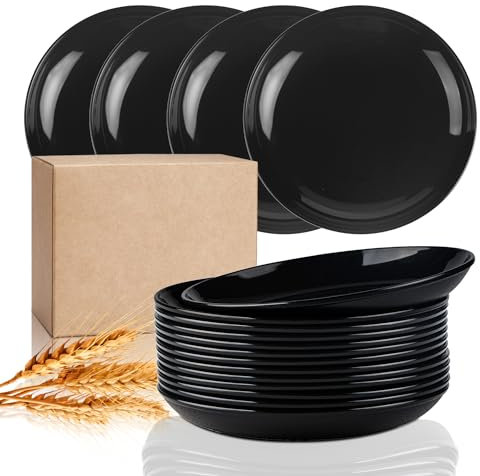 JEPISADI 12 Piece Dinner Plates Set-9.8 Inch, Plastic Plates Reusable, Suitable for Kids-Toddler & Adult, Lightweight Dishes for Kitchen and Picnic, Dishwasher & Microwave Safe.（Black）