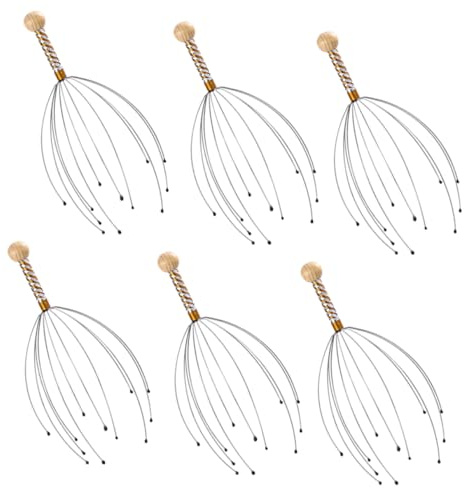 Stahl und Holz Kopfmassagegerät 6 Stück für Kopfhaut | Oktopus Form, Ergonomischer Holzgriff, Sanfte Spitzen, für Kopf und Körper, Leichte Ausführung Zufällige Farbe