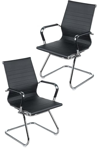 Eigentlich Besucherstuhl Freischwinger 2er Set | Konferenzstuhl Bürostuhl Wartezimmerstuhl mit Armlehnen, Kunstleder schwarz, Gestell chrom