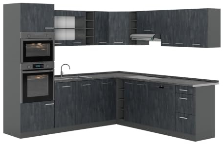 Vicco Einbauküche in L-Form R-Line, Schwarz Beton/Anthrazit, 247 x 237 cm | 14 Module · Höhenverstellbare Füße · Ohne Arbeitsplatte · Robuste Fronten · Mit Backofen-/Mikrowellenschrank