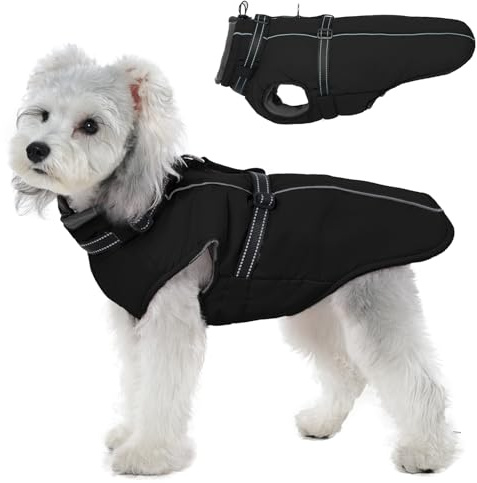 Lelepet Hundemantel für den Winter, Warme Hundejacke mit integriertem Geschirr, Winddicht Mantel mit Fleece Gefüttert für Hunde, Reflektierende Hundeweste für Kaltes Wetter, Schwarz XS