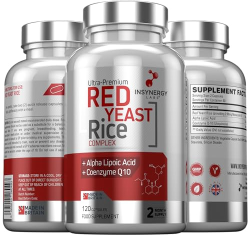 Red Yeast Rice with CoQ10 & Alpha Liopic Acid (3 Cholesterol Lowering Ingredients) Supplement Coenzyme Q10 Red Yeast Cholesterol Lowering Supplements 120 Vegan Capsules
