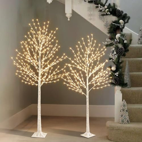 Paquete de 2 árboles de luces DELICHTER con 580 luces LED de color blanco cálido, gran decoración navideña para exteriores con temporizador y función de atenuación, árbol de Navidad para Navidad, boda