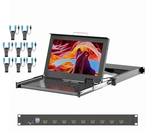 Rack Mount KVM w/15.6'' LCD Monitor, Arvitek 8 Port KVM Switch HDMI w/Handle, Fit 1U 19'' Rack, Suitable for 600-800mm Network Cabinet (Included 8 HDMI KVM Cables)