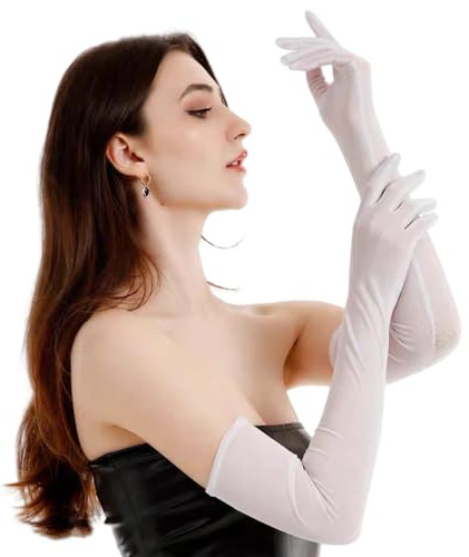 1 paio di guanti da donna in tulle, velati, elastici, lunghi, in nylon, lunghezza al gomito, eleganti guanti da sposa in pizzo bianco per feste e opera
