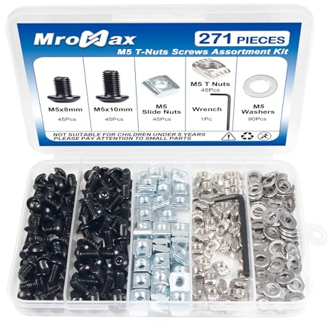 271Pcs M5 T-Nuts Screws Kit, Hammer Head T Slot Nut for 8020 2040 2020 V Slot Aluminum Extrusion Profiles, Sliding & Drop-in T-Nuts, Black M5x8 & 10mm Stainless Steel Screws and Washers, Hex Wrench