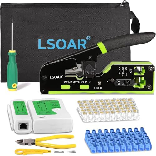 Glitfix Kit d'outils réseau - Pince à sertir RJ45 pour Cat5/6/7 - Kit professionnel avec testeur LAN, pince à dénuder, sac de rangement noir
