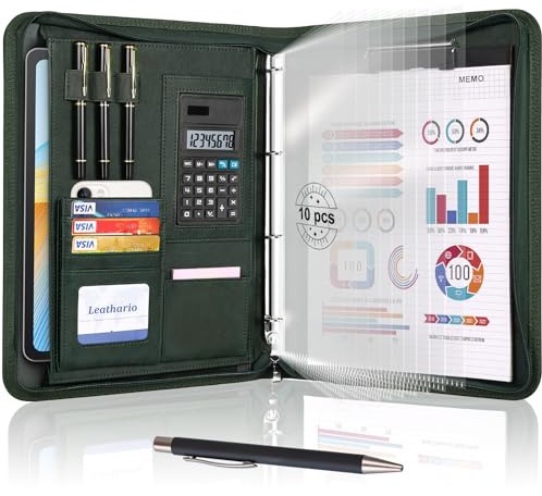 Leathario Portfolio A4 Porte-documents, avec à 4 Anneaux, Organiseur de Conférence, Carnet d'écriture - Dossier de présentation professionnel