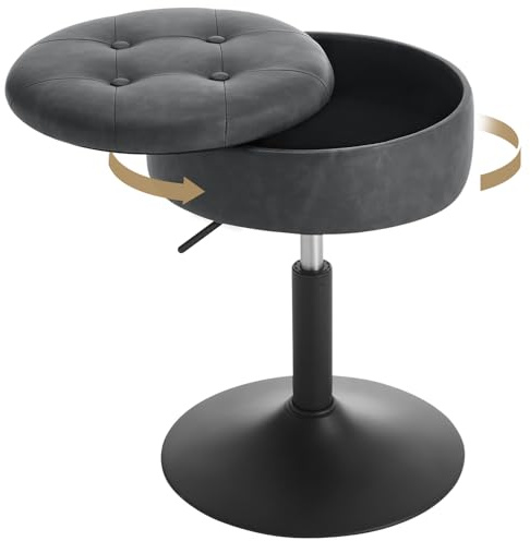 WOLTU Schminktisch Hocker, mit Stauraum, Kunstleder, Anthrazit | Sitzhocker Höhenverstellbar, 50-66.5cm, 360° drehbar, Schminkstuhl Bequemem, für Schlafzimmer, Wohnzimmer, Esszimmer