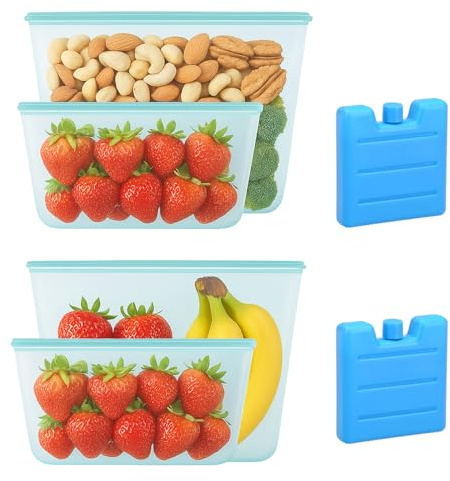 4 Stück Silikonbeutel für Lebensmittel,Gefrierbeutel Wiederverwendbar | Silikonbeutel mit 2 Kleine Kühlakkus, Gefrierbeutel und Silikonbeutel,Sandwichbeutel,Küchenbeutel für Brot,Snacks,Fleisch