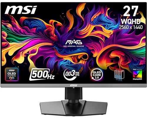 MSI mag 272QP QD-OLED X50 de 27 Pulgadas Monitor Gaming WQHD, Panel OLED Quantum Dot 2560 x 1440, 500 Hz, 0,03 ms, DisplayHDR True Black 500, AMD FreeSync Pro, HDMI 2.1, DP 1.4a, Negro