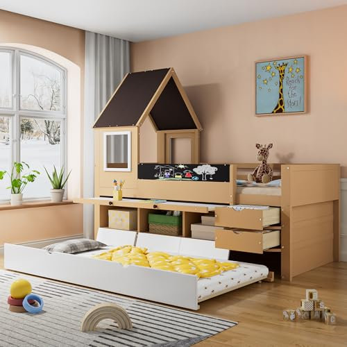 Kinderbett Etagenbett 90x200 cm, Hochbett Hausbett mit Ausziehbett&Ausziehtisch&3 Schränken&2 Schubladen&Tafel&Fenster&Dach, Holzbett Bettgestell mit Rausfallschutz&Lattenrost, Kiefer, Weiß+Natur