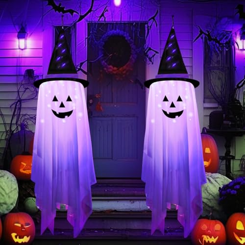 Decoración Halloween Luces Fantasma, 2 Piezas 1.35M Horror Sombrero de Bruja Luz LED para Puerta y Jardín, Interior y Exterior