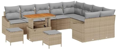 vidaXL 12-delad trädgårdsoff set med dynor - Beige och ljusgrå modulär utomhusmöbel för 6 - Bord, pallar, soffa, fyrsitsig, patio kärlekssoffa, sektionell