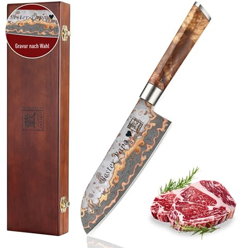 zayiko MysticMagma Santokumesser mit Gravur – Personalisiertes Damastmesser, 17,5 cm Klinge, 67 Lagen Damaststahl mit Kupfer- & Bronzeinlay, Ahornwurzelholzgriff, Geschenkbox