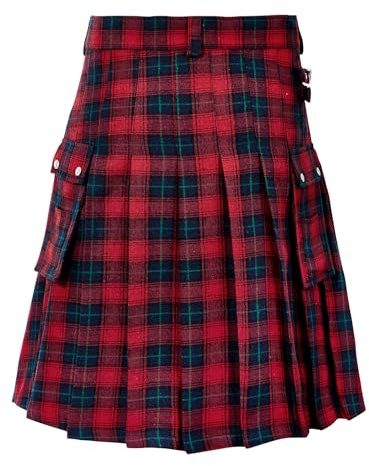 Zando Kilt for Men Scottish Kilt Traditional Highland Tartan Casual Utility Kilts with Adjustable Waist & Big Pockets for Weddings, Festivals, and Outdoor Activities Red Plaid Skirt X-Large