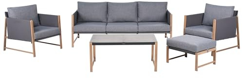 Beliani Modernes 5-Sitzer-Gartensofa-Set mit Metallgestell in Holzoptik, Tisch und Ottomane grau Kissen NOLA