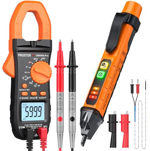 Proster Clamp Meter Non Contact Voltage Tester Kit - TRMS 6000 Counts 800A DC/AC Current 600V DC/AC Voltage Amp Clamp & 48V-1000V/12V-1000V Dual Range Voltage Detector Pen with Audible Alarm for DIY