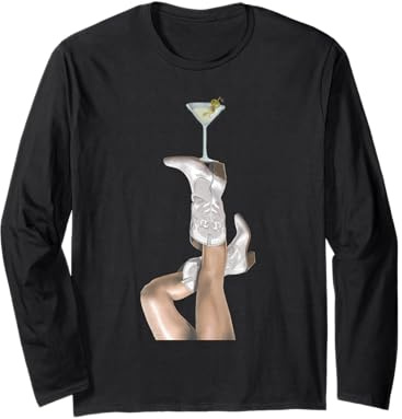 Western Cowboy Boots and Martini Glass and Olives on Pink Long Sleeve T-Shirt