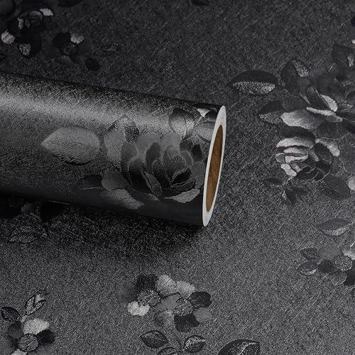 ReWallpaper Tapete Selbstklebend Schwarz Seide Klebefolie Tischplatte Schublade Struktur Tapete Muster Blumen Vintage Dekorfolie Selbstklebend Klebetapete Wand Schwarz Wohnzimmer 40CMx3M