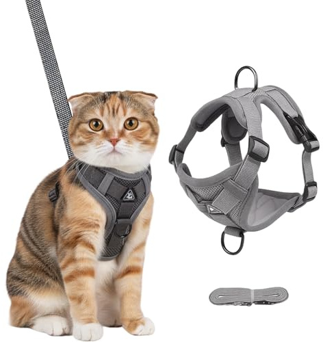 Cat Harness and Lead Set, Reflective Adjustable Cat Leash with Escape Proof Design, Comfortable Pet Vest for Walking and Outdoor Adventures, Grey Cat Harness