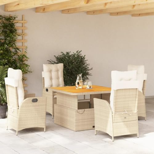 Runheo 5-TLG. Garten-Essgruppe, Beige Poly Rattan, verstellbare Relaxsessel, höhenverstellbarer Tisch, UV-beständig, mit Kissen, für Terrasse, Balkon, Essbereich, Outdoor Living