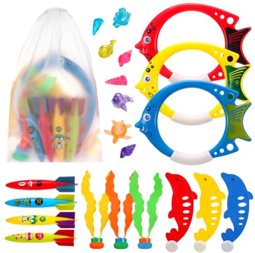 GSrenyu Diving Toys Swimming Pool, 22 Pieces Fun Swimming Pool Toy Set with Diving Rings, Torpedo, Seagrass, Marine gem Training Dive Game Toys for Kids Children