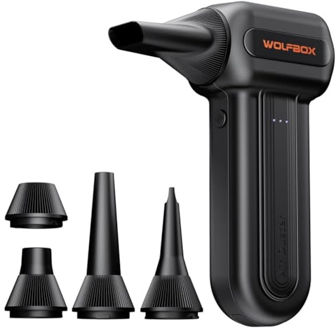 WOLFBOX MF60 Compressed Air Duster -110000RPM Super Power Electric Air Duster, 3-Speed Rechargeable Cordless Air Blower with Fast Charging, Compressed Air Cleaner for PC, Car, Home, 5 Nozzle
