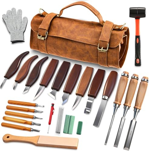 SakerNeo 25Piece Wood Carving Kit Whittling Tools with Leather Storage Bag | | Complete Wood CarvingTools with Gouges, Chisels, Knives – Ideal for DIY Lovers, Beginners & Woodworking