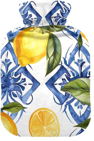 Bolsa de agua caliente con pies de cubierta suave y calentador de cama, estilo siciliano, limones, flores azules, bolsa de agua caliente para aliviar el dolor de cuello y hombros, pequeña