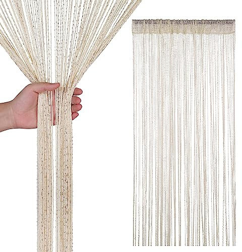 Trimming Shop Tende a fili con frange glitterate a pannello, zanzariera per porta, armadio, finestra, porta, divisorio, nappa, per porte, finestre, decorazione per la casa, 200 x 90 cm, beige