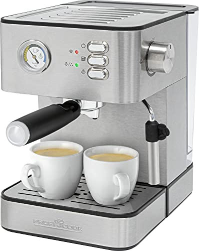 Profi Cook Espressoautomat | Espressomaschine | Kaffee | 20 Bar | Edelstahlgehäuse | Wassertank 1,8 Liter (abnehmbar) | Edelstahldampfdüse mit Aufschäumfunktion | Tassenvorwärmfunktion | PC-ES 1209