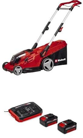 Einhell Cortacésped a batería GE-CM 36/41 Li-Solo Power X-Change (36 V, 41 cm Ancho de Corte, hasta 500 m², Brushless, 50L Bolsa recolectora, 25-75 mm Altura de Corte,) + Twinpack 4 Ah