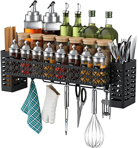 Tamomic Hanging Spice Rack Wall Mount, Over Stove Spice Organizer Shelf with Wall Hanging Utensil Holder 6 Hooks for Kitchen, Black