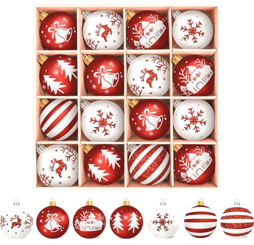 Arbolisse Weihnachtskugeln Kunststoff Christbaumschmuck,16PC Christbaumkugeln Weihnachtsbaumschmuck Deko Weihnachten, Weihnachtsbaum Kugeln mit Schlüsselband, Rot Weiß Weihnachtsdeko