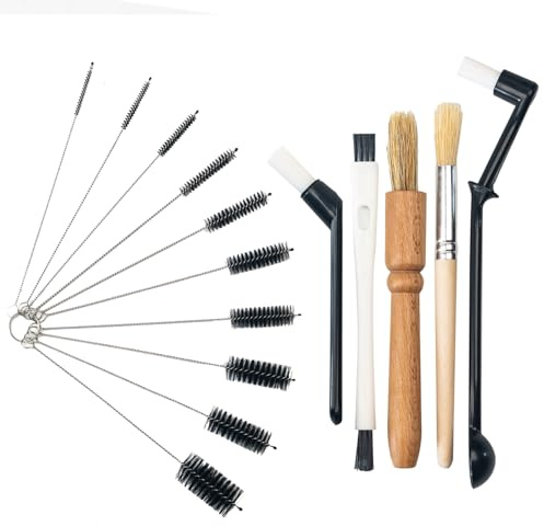 Reinigungsbürsten-Set für Kaffeemaschinen, Holzgriff und weiche Borsten, mit Löffel, dünne Rohrreinigungsbürsten, 15-teilig