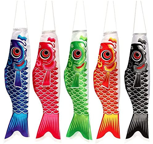 COSSIKA Japanischer Karpfen-Windsack, 5-teiliges Koinobori-Windsack-Set für Zuhause, Garten, Hotel, Schule, Restaurant, Dekoration, japanischer Karpfen-Windsack